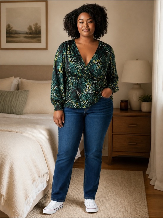 torrid Tops - torrid 4 Green & Black Printed Wrap Satiny Blouse 4X